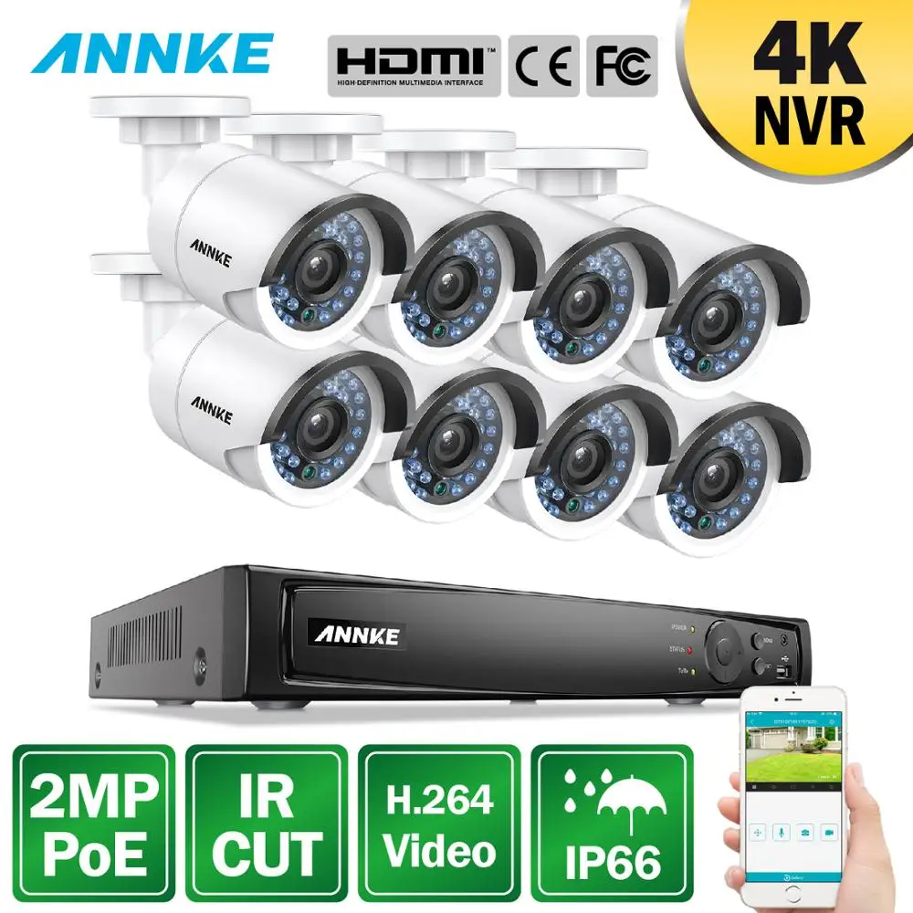 ANNKE 8CH 1080P POE NVR Security System 4K NVR With 8PCS 4mm 2MP Weatherproof IR CUT Night Vision C