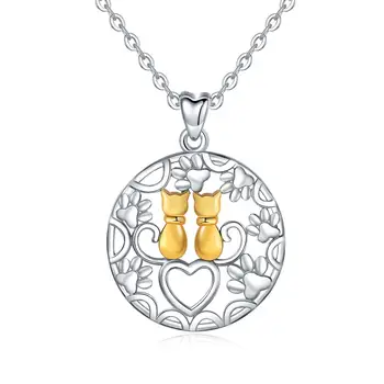 

Eudora Real Sterling Silver Animal Pendant Two Gold Color Cat Paw print memory necklace Jewelry Christmas birthday Gift CYD482