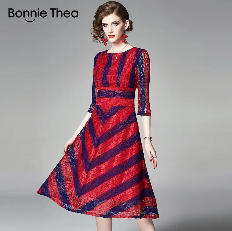 Красный Bonnie Thea, женское осеннее кружевное платье, женское Полосатое вечернее платье, женское Элегантное Длинное ТРАПЕЦИЕВИДНОЕ ПЛАТЬЕ - Цвет: Красный