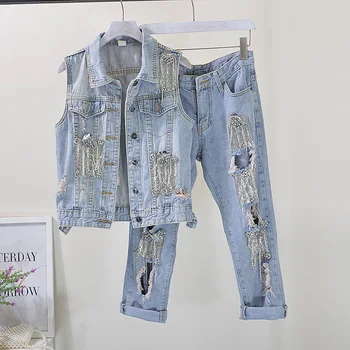 

European Style Denim Sets Women Spring Autumn Denim Vest Set Diamond Ripped Cropped Jeans Top Vest Two-Piece Women's Sets
