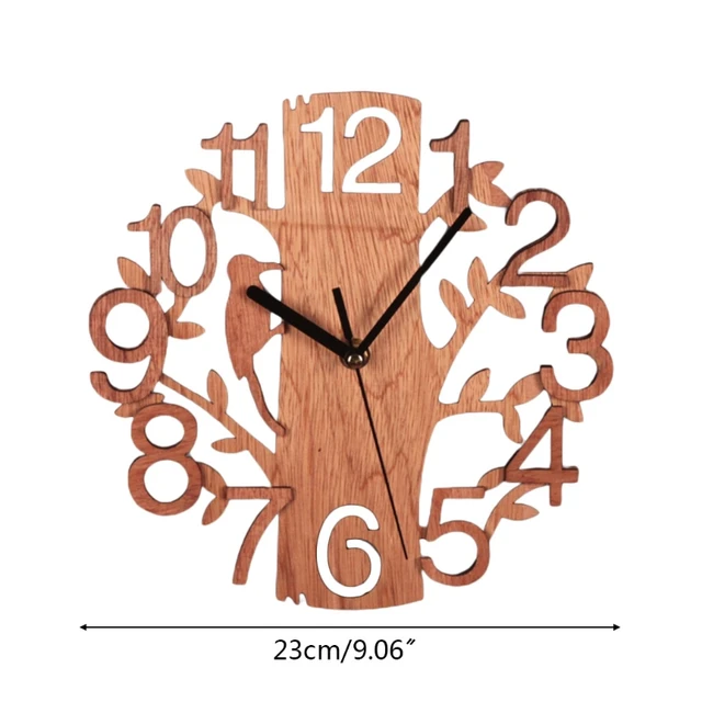 Q9QF Wooden Tree Shape Wall Clock Hanging DIY Round Watches Battery Operated for Office Living Room Home Decoration Supplies 6
