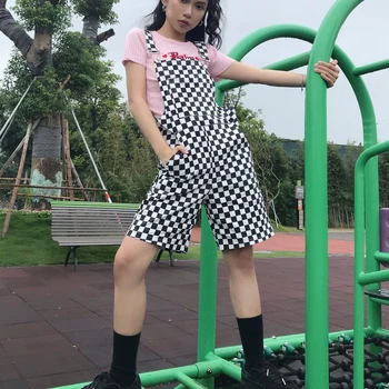 

Women's Pants Bib 2019 New Black And White Checkerboard Plaid Pockets Loose Casual Broadcloth One-piece Unisex Overalls#