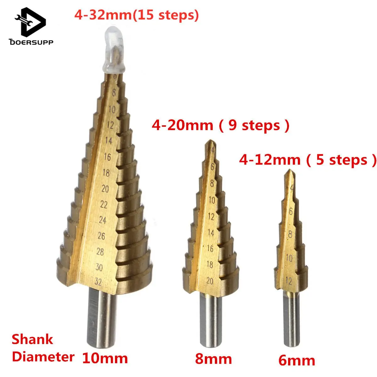 Doersupp 3 шт. HSS Сталь сверло набор большой ступенчатая Буровая головка бура на возраст от 4 до 12 лет/20/32 мм конус Титан покрытием сверление по металлу резьба по дереву инструмент отверстие рубишь
