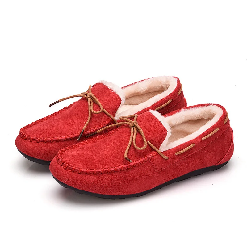 Обувь зимняя женская обувь слипоны обувь с плюшевой подкладкой; открытые женские туфли на высоких каблуках женские лоферы с бантом; мягкая подошва; удобная женская обувь из ткани флок, меховые мокасины на плоской подошве; - Цвет: Красный