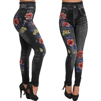 

Fashion Slim Women Leggings Floral Print Pencil Faux Denim Jeans Leggings Casual Women Clothing Plus Size Pencil Pants