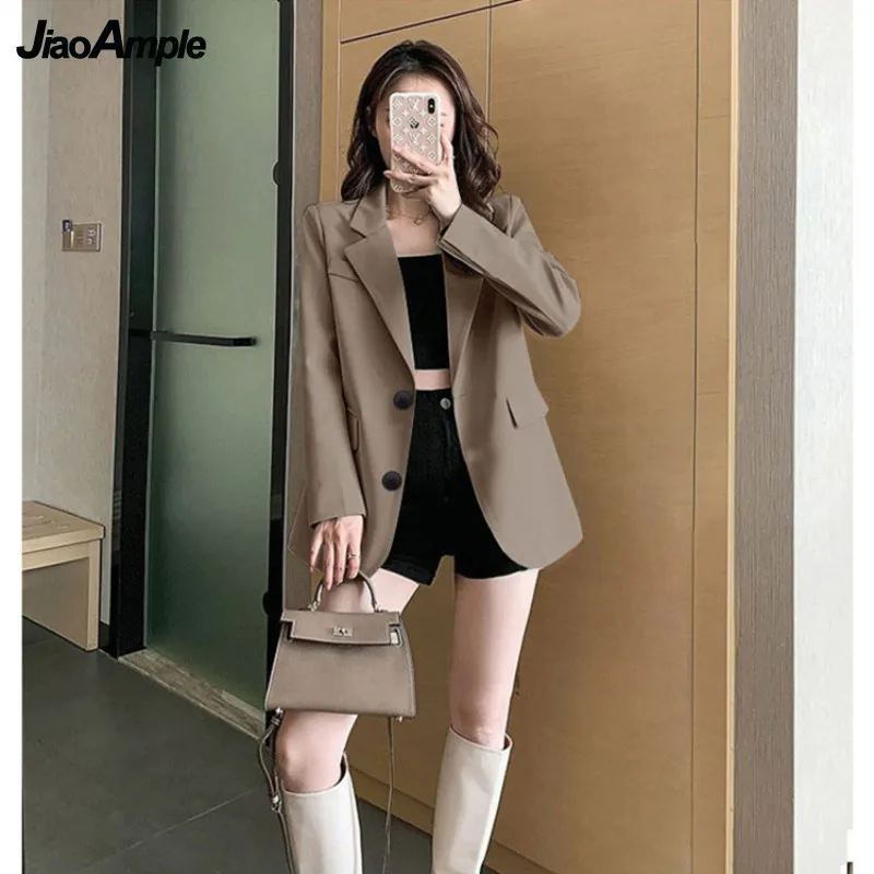 2024 Spring Autumn New Elegant Suit Jacket Women Korean Fashion Loose Khaki Top Single-breasted Khaki Black Blazers Coat