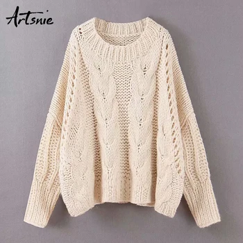 

Artsnie casual beige batwing sleeve women sweater autumn 2019 o neck jumpers pullover winter knit oversized sweaters mujer