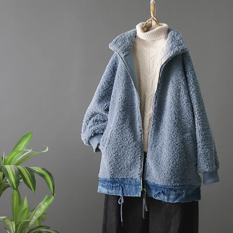 blue Элегантное женское пальто из искусственного меха, теплое толстое пальто с плюшевым мишкой, Женская свободная зимняя мягкая женская куртка на молнии, лохматые укороченные куртки - Цвет: blue