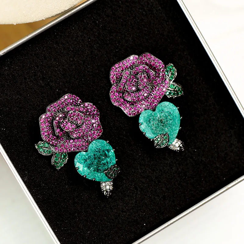 

Retro Elegant Pink Rose Flower Earrings For Women Fashion Heart Green Paraiba Tourmaline Drop Earring Valentine's Day Gifts