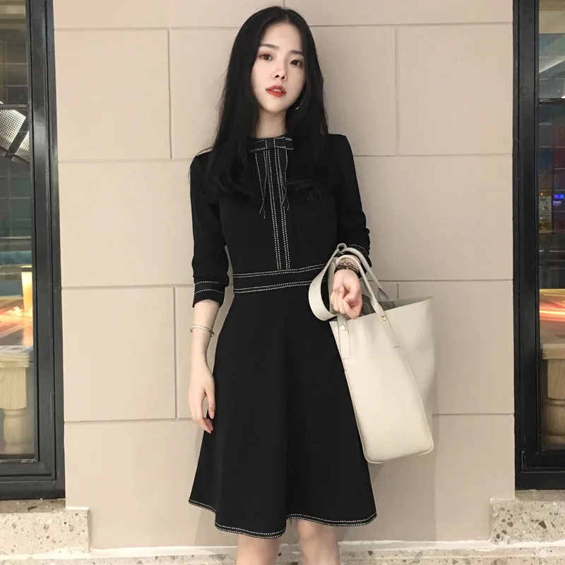 

2018 Spring And Autumn New Style Autumn Clothing Korean-style Black And White with Pattern Elegant Skirt Bow Debutante Graceful