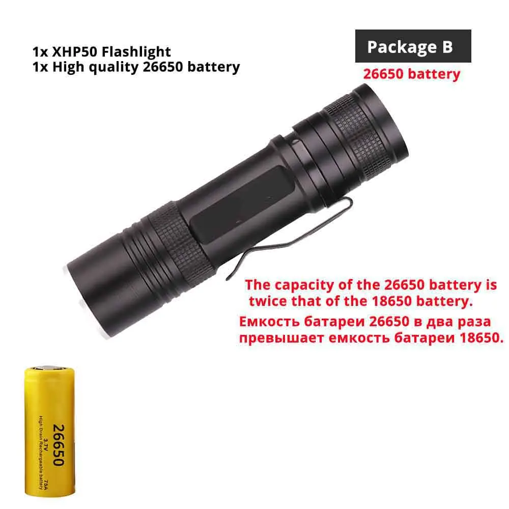 Package B-26650 Powerful XHP50 LED Flashlight USB Charging 3 Lighting Mode Waterproof Tactical Torch Support Zoom Using 18650 or 26650 Battery - Испускаемый цвет: Package B-26650