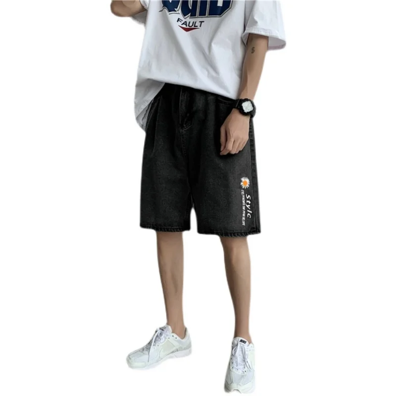 2021 summer denim shorts men's trendy straight baggy pants casual versatile handsome five point pants streetwear gym
