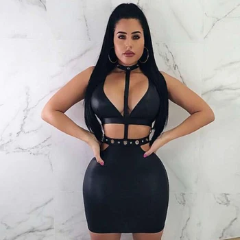 

2020 Summer Sexy Black Bandage Women's Dress Sleeveless Hollow Halter Banquet Dress Backless Club Clothing Midi Dress Vestidos