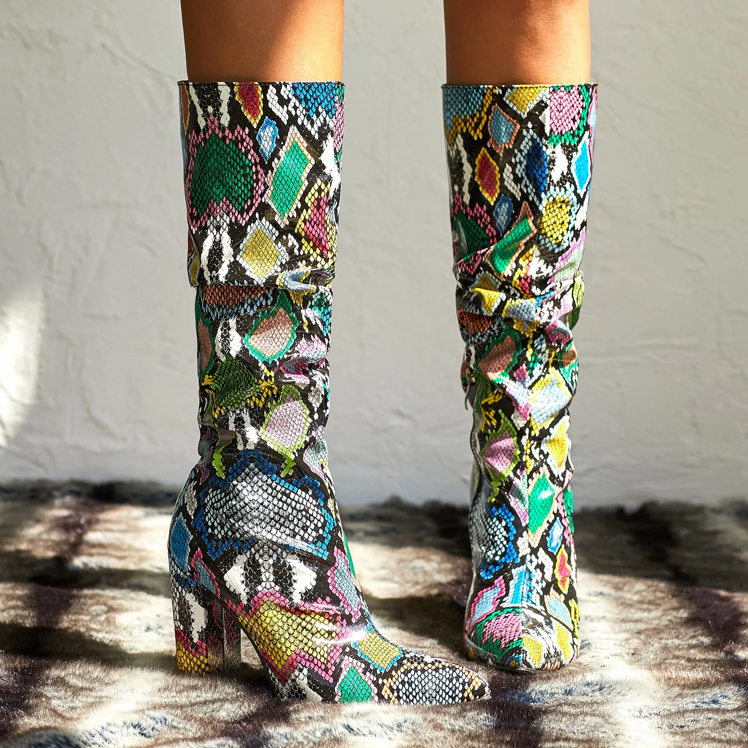 

WETKISS Colorful Snake Skin Boots Women High Heel Thick Boot snakeskin Pointed Toe Zip Shoes Female Slouch Boots Pleated Winter