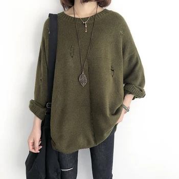 

Oversize Knitted Women Sweaters and Pullovers Holes Plus Size Jumpers Solid Sweater Women Shirt Knitwear Pullover Female Tops