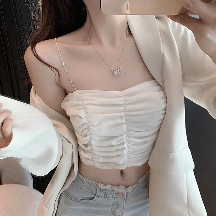 

Chain Sling Women's Outer Wear Short Design Pleated Top Summer 2020 New Navel Tube Top Soutien Gorge Bandeau Staniki Damskie