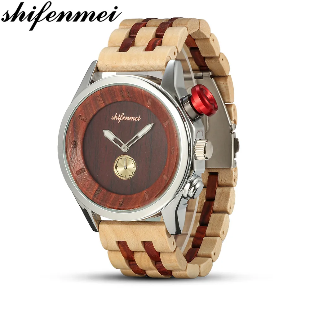 Shifenmei-Reloj de pulsera S5578 para hombre, resistente al agua, de movimiento japonés, correa de madera Simple, masculino