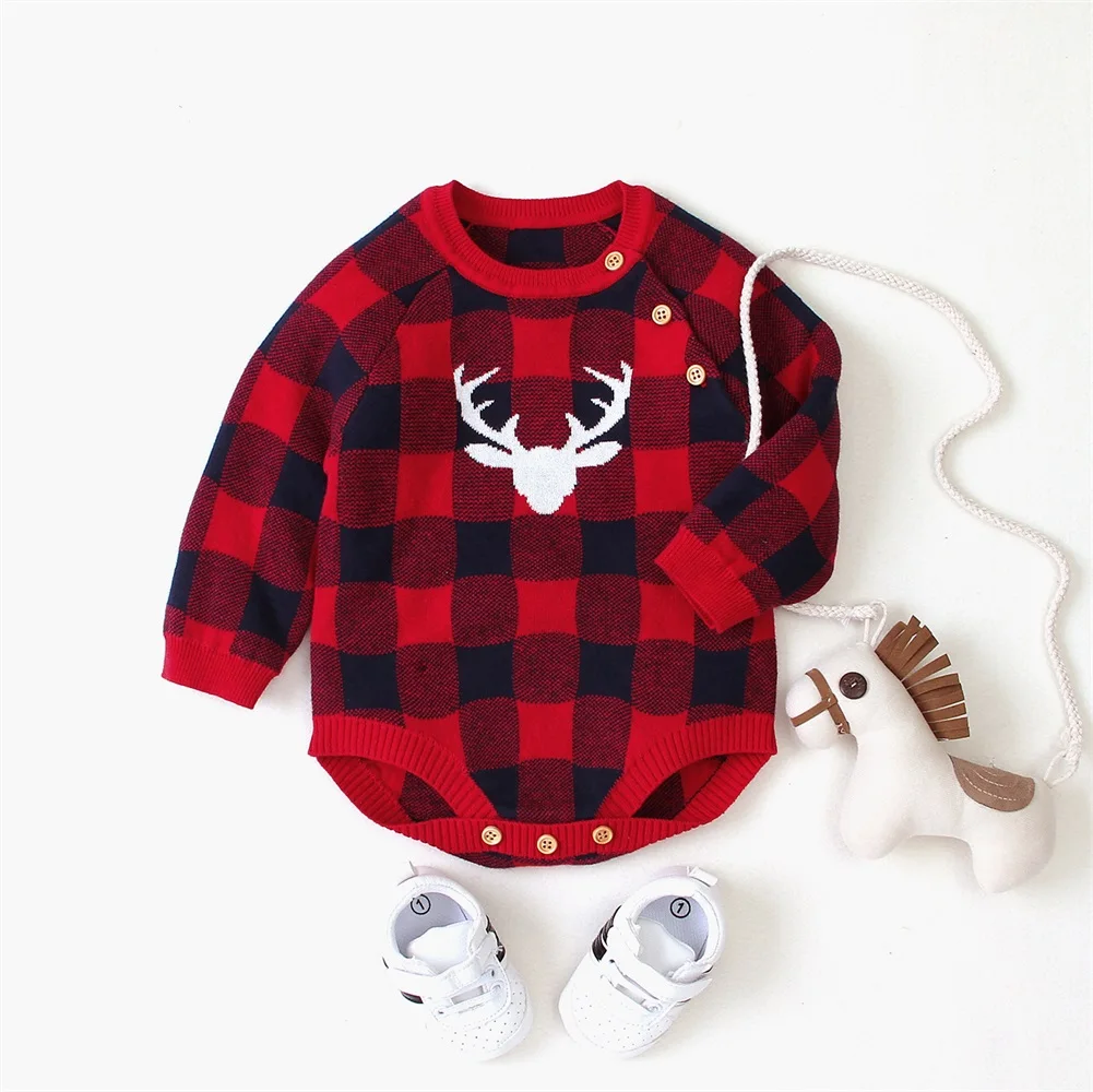 Боди с рождественским оленем, одежда для маленьких мальчиков и девочек боди с длинными рукавами клетчатые боди для новорожденных, Рождественская цельная одежда на возраст от 0 до 18 месяцев