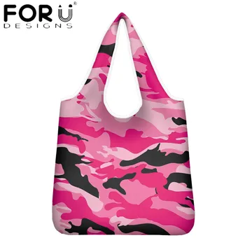 

FORUDESIGNS Women Large Capacity Shopping Bag Red Camoflouge Pattern Pinting Reusable Handbags Ladies Shopper Foldable Bags