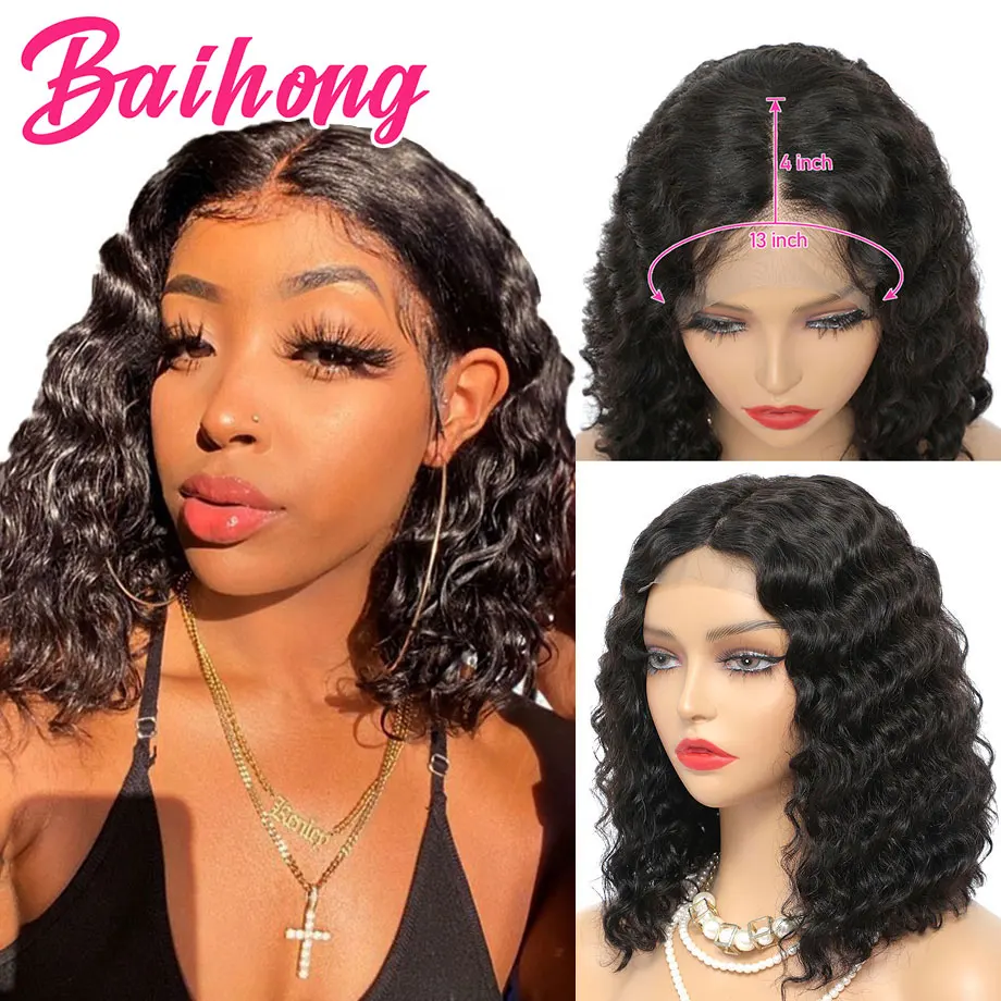 13x4 Deep Wave Lace Frontal Bob Wig Human Hair Brazilian Smooth Natural Hair 4x4 Lace Closure Wig Human Hair Pre Plucke BAIHONG
