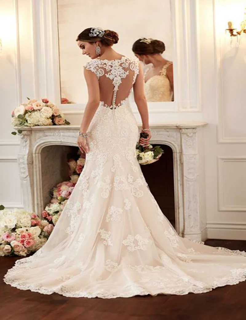 

2018 robe de mariee Mermaid Lace appliques Transparent Sexy illusion bridal Gown vestido de noiva mother of the bride dresses
