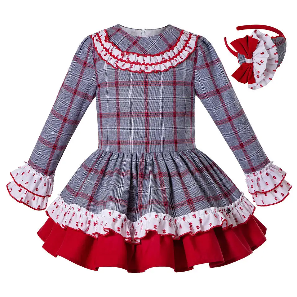 

Pettigirl Autumn Red Gray Grid FLare Sleeve Dress Boutique Dresses With Hair Accessories Children Clothes G-DMGD208-A405