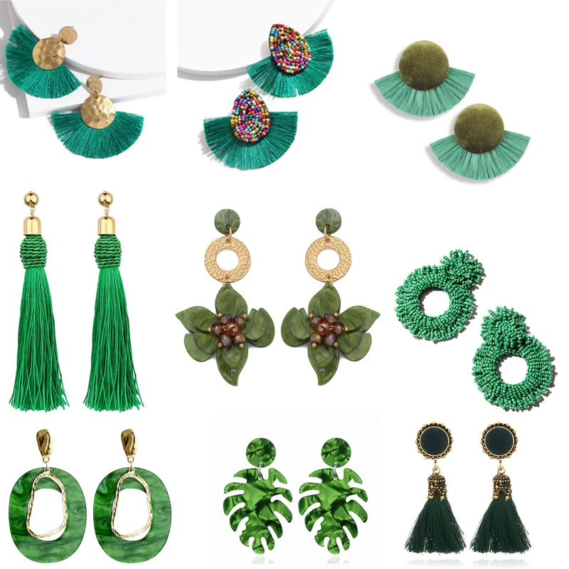 

Bohemian Green Beaded Tassel Drop Earrings for Women Big Statement Earrings Female 2019 Wedding Fringe Hanging Earings