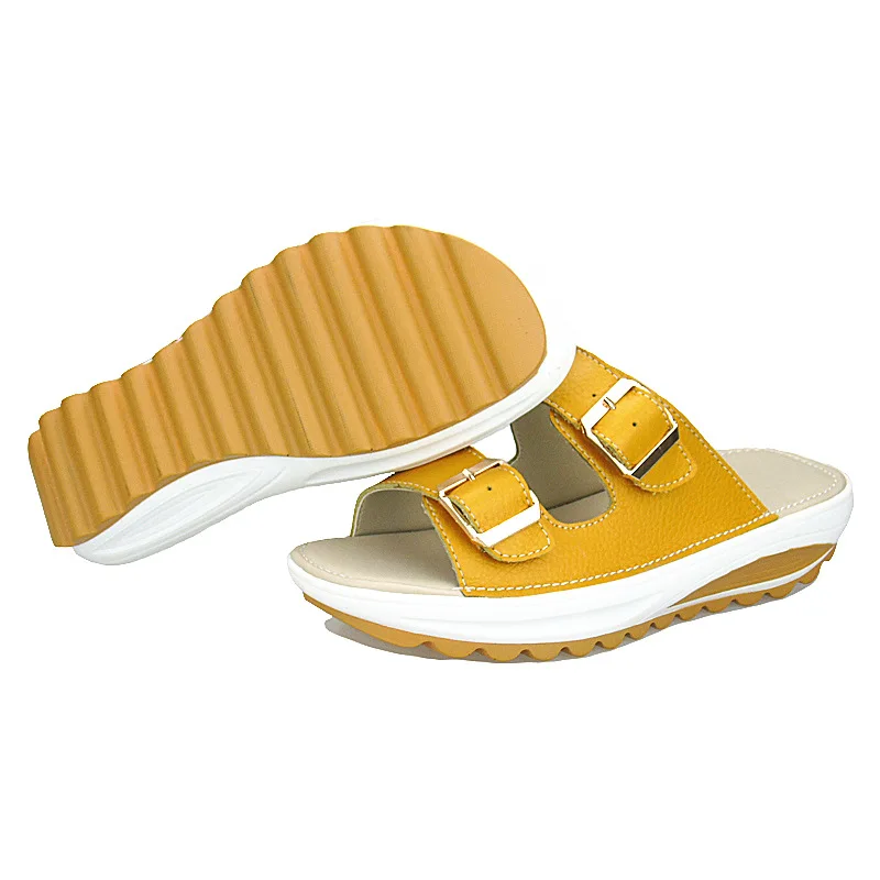

2019 Spring And Summer New Style Casual Women's Sandals Genuine Leather Slanted Heel Sandals Thick Bottomed Platform Heel Women'