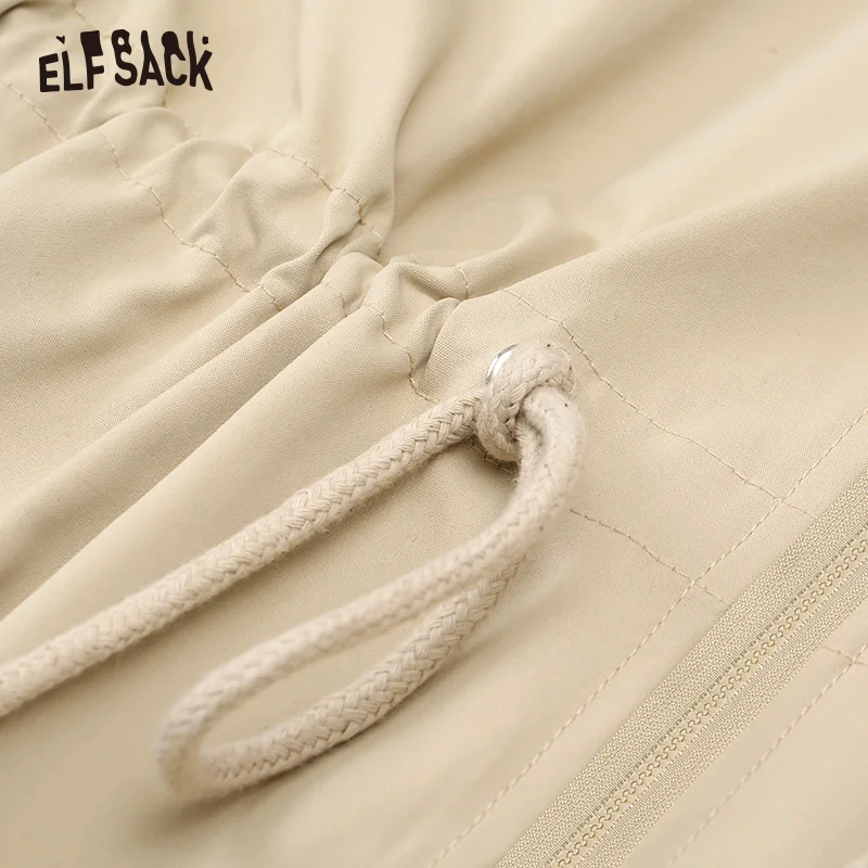 ELFSACK повседневное женское платье цвета хаки с цветными блоками в стиле пэчворк зимнее элегантное женское Повседневное платье на молнии с поясом-шнурком и длинным рукавом