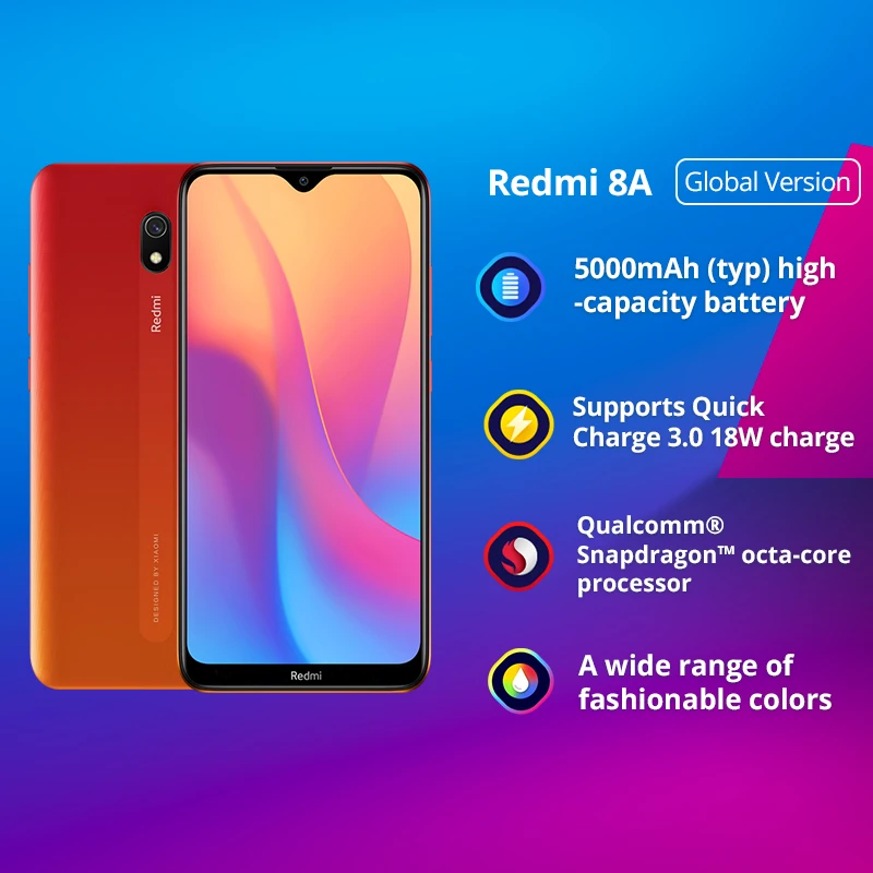 Смартфон Xiaomi Redmi 8A с глобальной версией, 2 Гб, 32 ГБ, 5000 мАч, аккумулятор высокой емкости, дисплей 6,22 дюйма, 12 МП, основная камера AI, зарядка 18 Вт