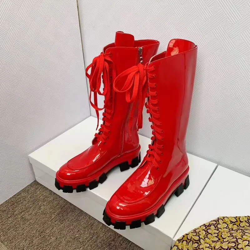 

Botas Mujer Patent Leather Boots Women Catwalk Bota Feminina Platform Shoes Women Mid-calf Botines Mujer 2019 Zapatos De Mujer