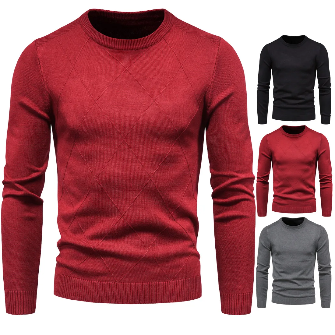 

YM047 Autumn Clothing Men's Long-Sleeved Crew-Neck Diamond Plaid Sweaters Bottoming Shirt Men's Sweater