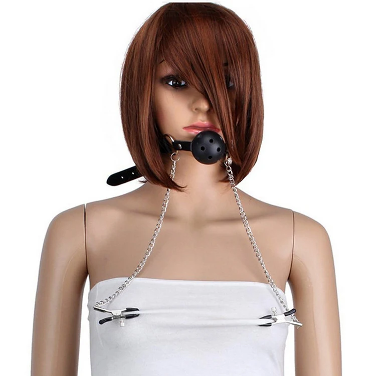 Femdom Секс игрушки для пар кожаный рот кляп мяч с цепочкой металлический Ниппель