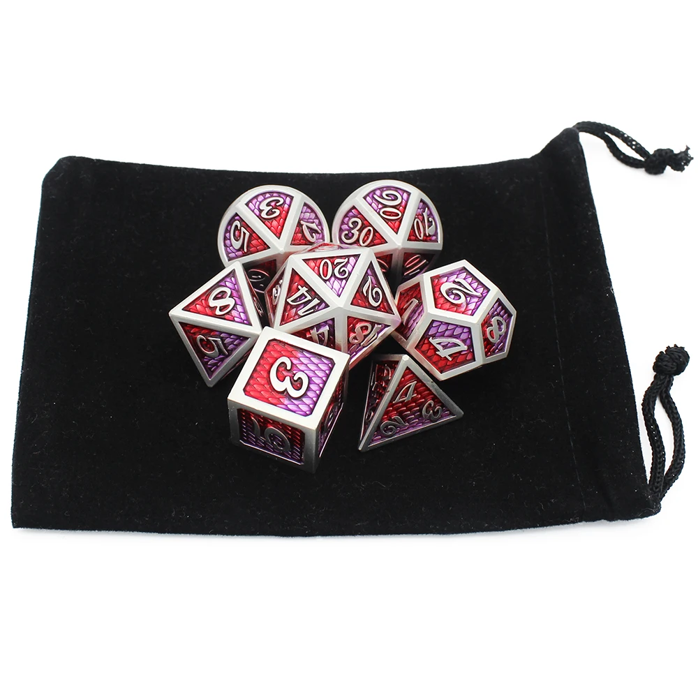 드래곤 스케일 스타일 금속 주사위 세트, D & D 벨벳 파우치, D20, D12, D10, D %, D8, D6, D4, DND RPG, 테이블 게임, 7 Pcs, 새로운 디자인