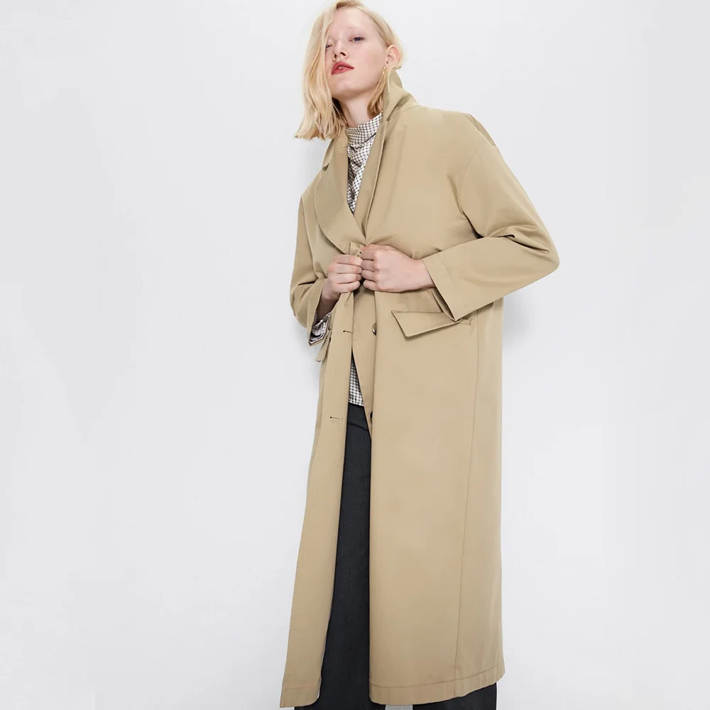 

ZA Women's Autumn and Winter Windbreaker Lapel Long-sleeved Button with Long Trench Coat Front with Flip Pocket Back Hem Split