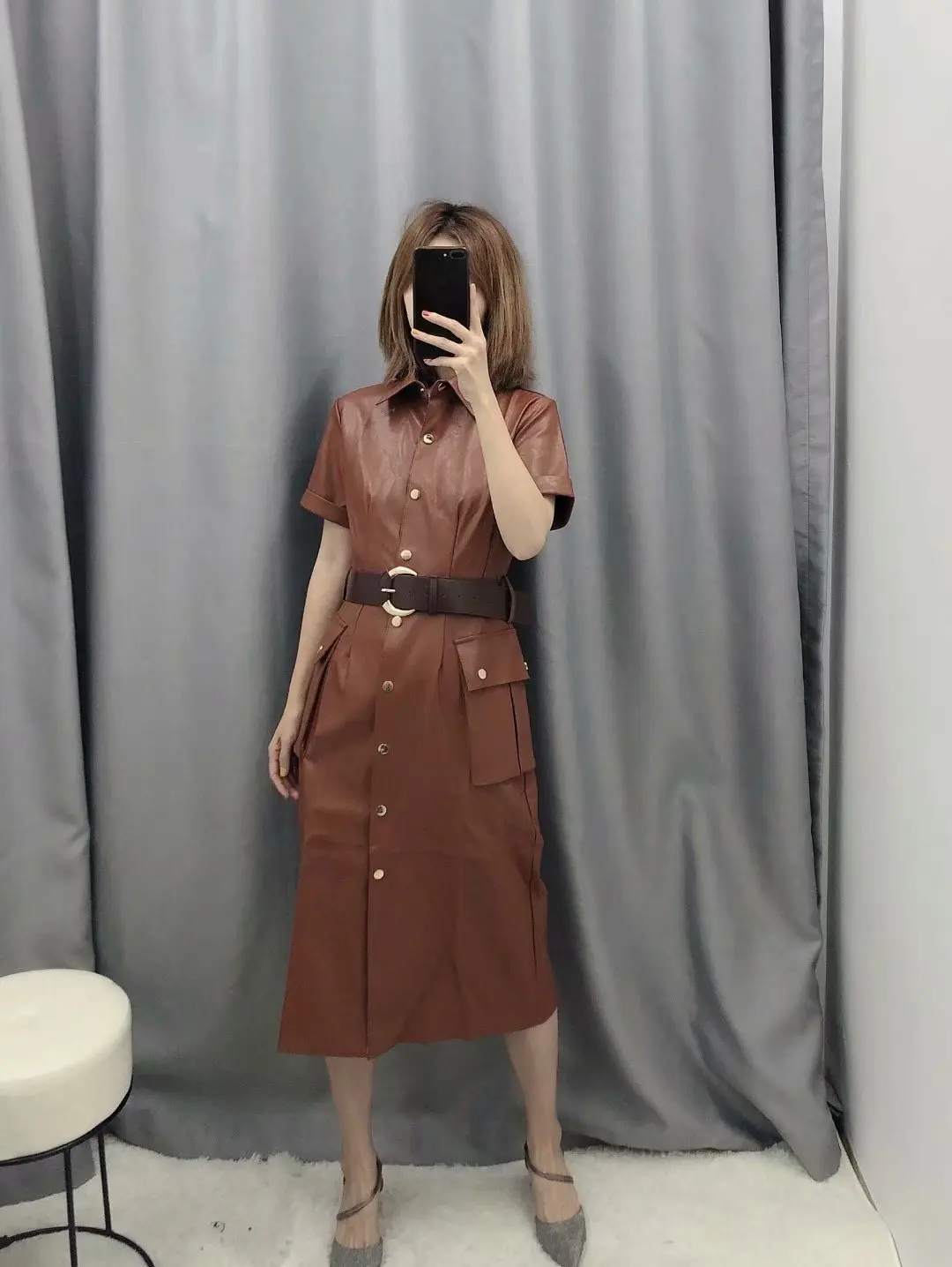 

Europe And America 2019 Winter New Style WOMEN'S Dress Versitile Fashion Slimming with Belt Faux Leather Dress WOMEN'S Dress