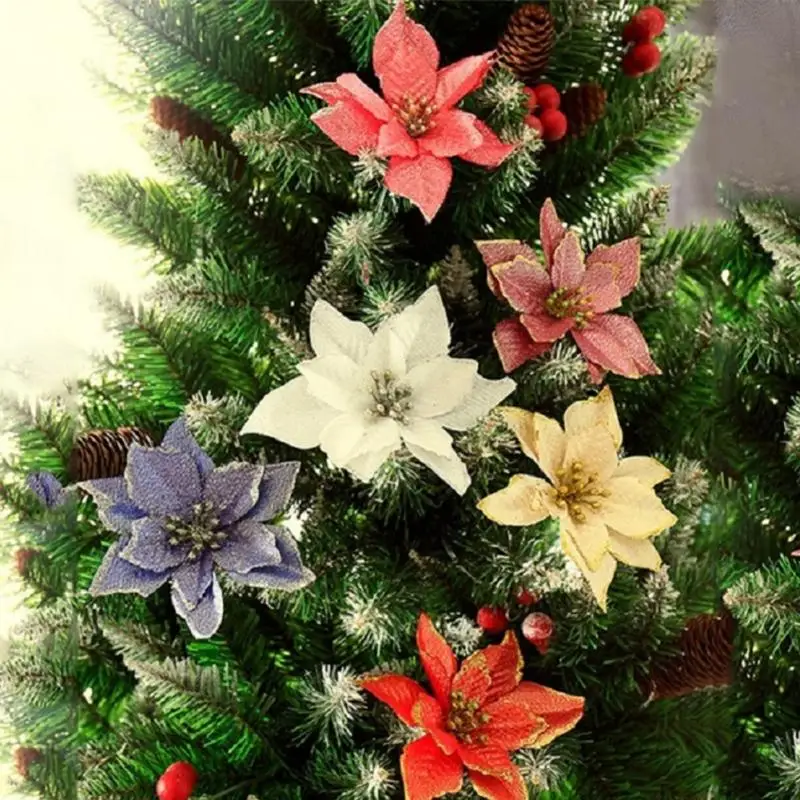 10pcs Flowerpot Artificial Flowers Home Christmas Tree Hotel Table Party Decor Fake Ornament Wreath Gift Glitter Poinsettia