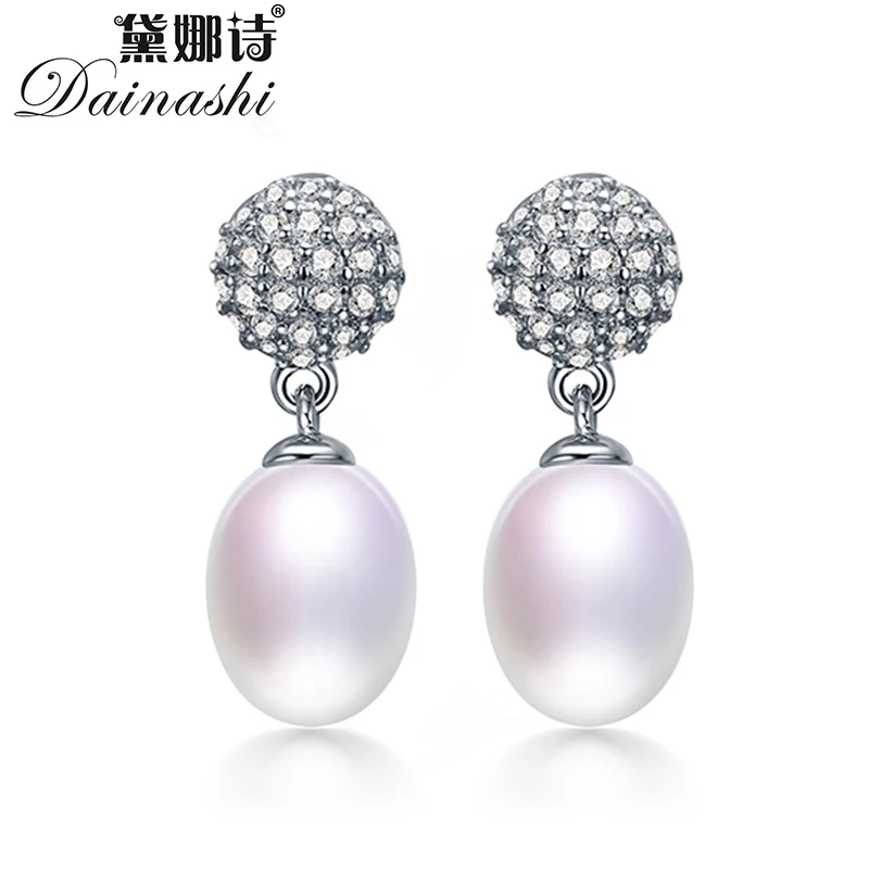 

Dainashi 925Sterling Silver Shiny Zircon Drop Earrings High Jewelry Natural Freshwater Oval Pearl Dangle Earrings gift for women