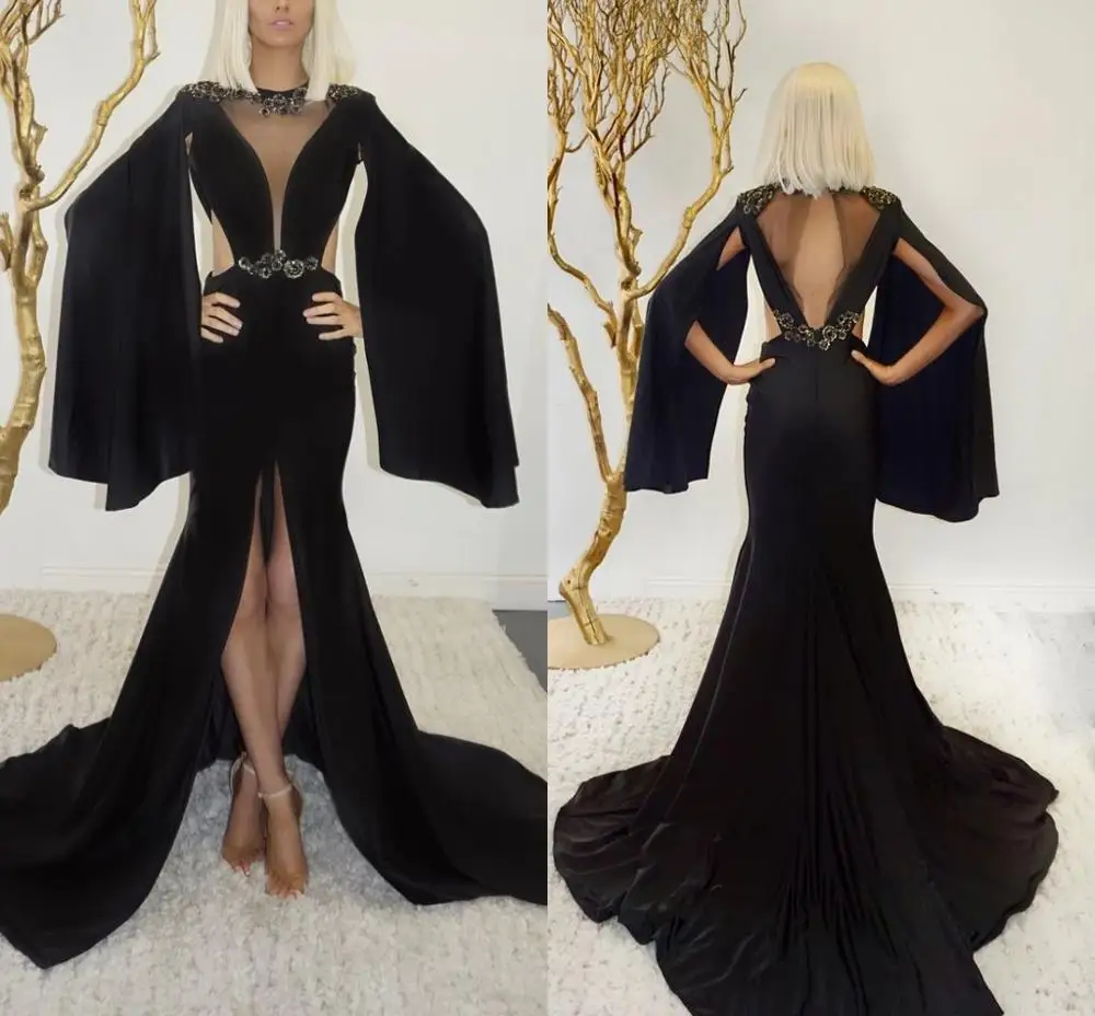 

Sexy Mermaid Prom Gowns With Wrap Sleeve Side Slip Sequins Applique Cloth Party Dresses Evening Dresses