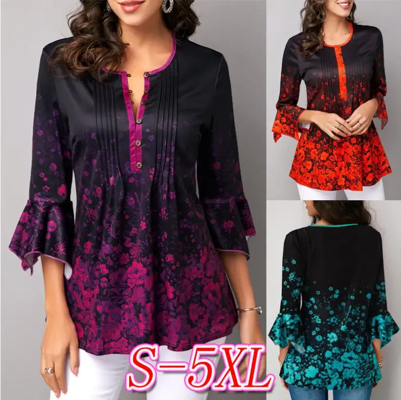  Plus size 5xl Shirt Blouse Women Single-breasted Boho Flowers Print Shirt V-neck Flared Sleeve Fema