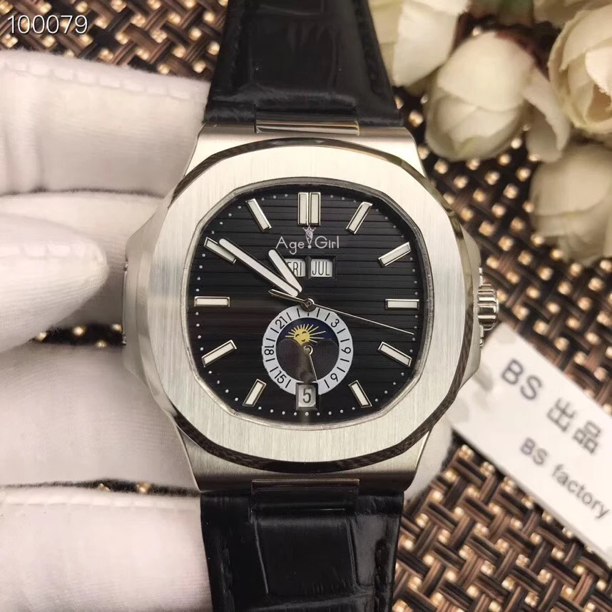 Leather Black Роскошные брендовые новые автоматические механические мужские часы с сапфиром на день рождения, прозрачное стекло, часы MoonPhase, черные, синие, кожаные, белые - Цвет: Leather Black