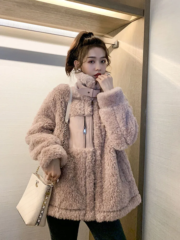 

Korean-style Stand Collar Zipper Lambs Wool Coat Women's Loose-Fit Thick Hoodie One-piece Fur Motorcycle Coat Winter 2019 New St