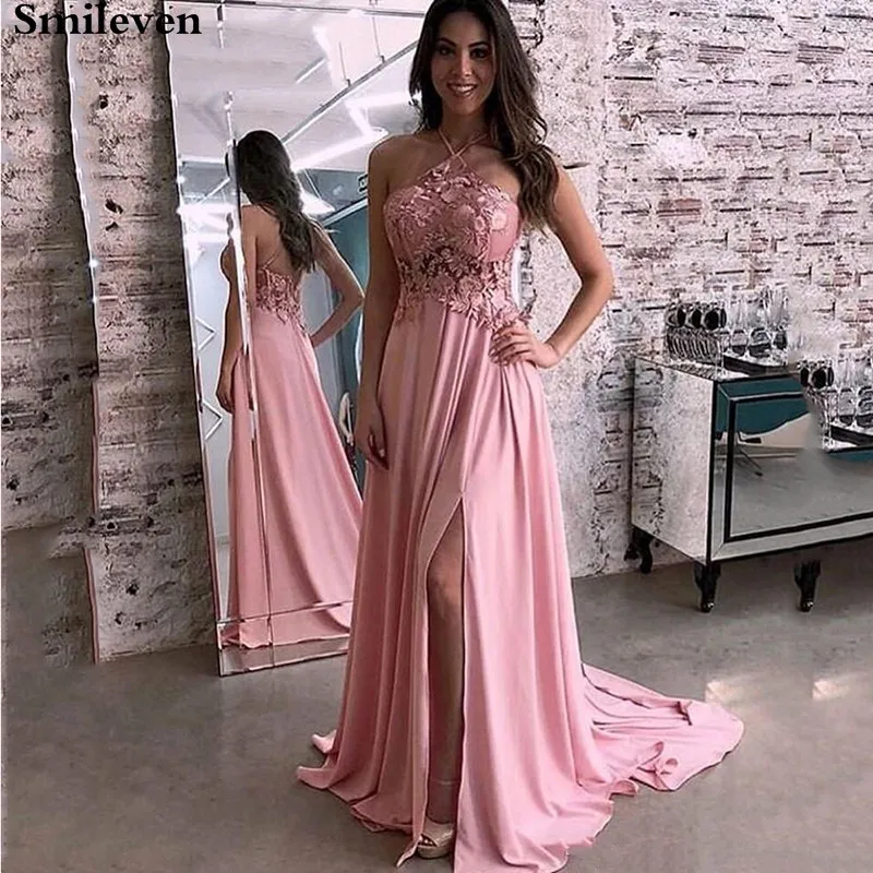 

Smileven Sexy Pink Formal Evening Dress Robe de Soiree Lace Prom Gowns Side Split Evening Party Gowns Vestido de Festa