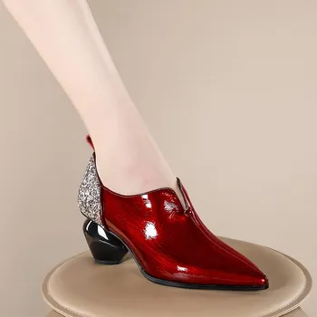 

Handmade women pumps shoes strange high heels Cowhide patent leather V-cut wine red ladies party dress shoes 2020 big size 40 41