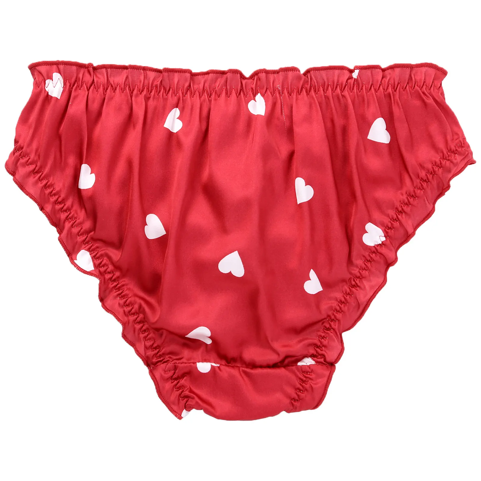TiaoBug Man Sissy Gay Silky Briefs Cartoon Hearts Print Elastic Waist Ruffled Lace Mesh Bowknot Panties Underwear