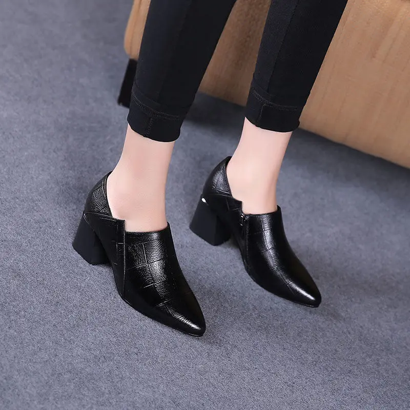 Women High Heels Square Soft PU Leather Office Lady Pointed Toe Side Zipper Pumps