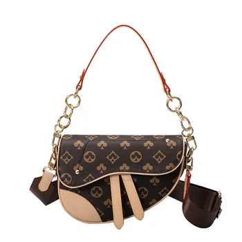 

2020 new designer PU leather contrast color shoulder bag hand bag wide shoulder strap messenger bag saddle bag women