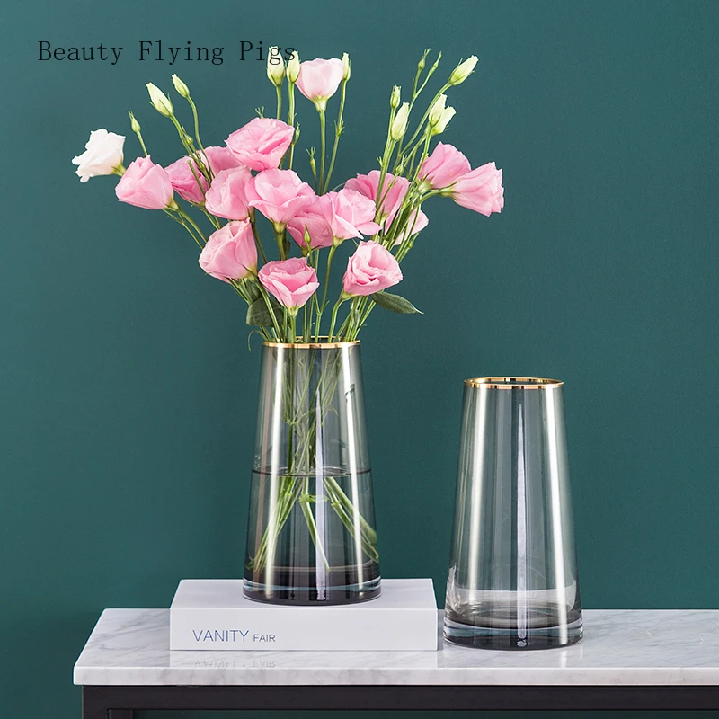 Скандинавский домашний декор с рисунком растений ваза для цветов Настольный рисунок золотой ободок прозрачная стеклянная ваза для гостиной Свадебный Рождественский подарок