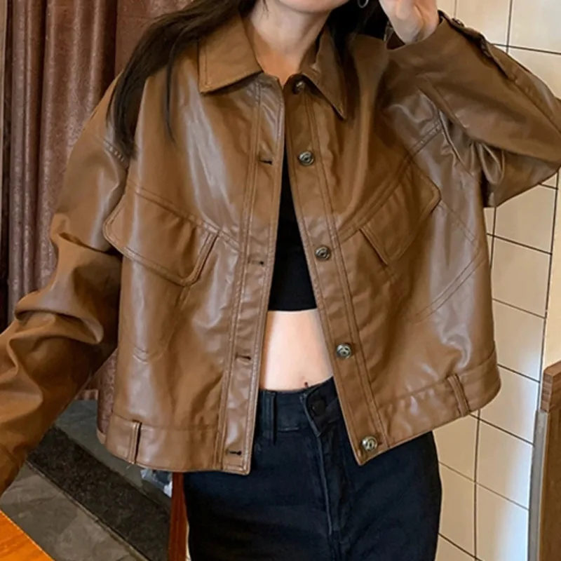 Brown Leather Coat Women's Spring and Autumn Winter 2021 New Small Motorcycle Jacket Pu | Женская одежда