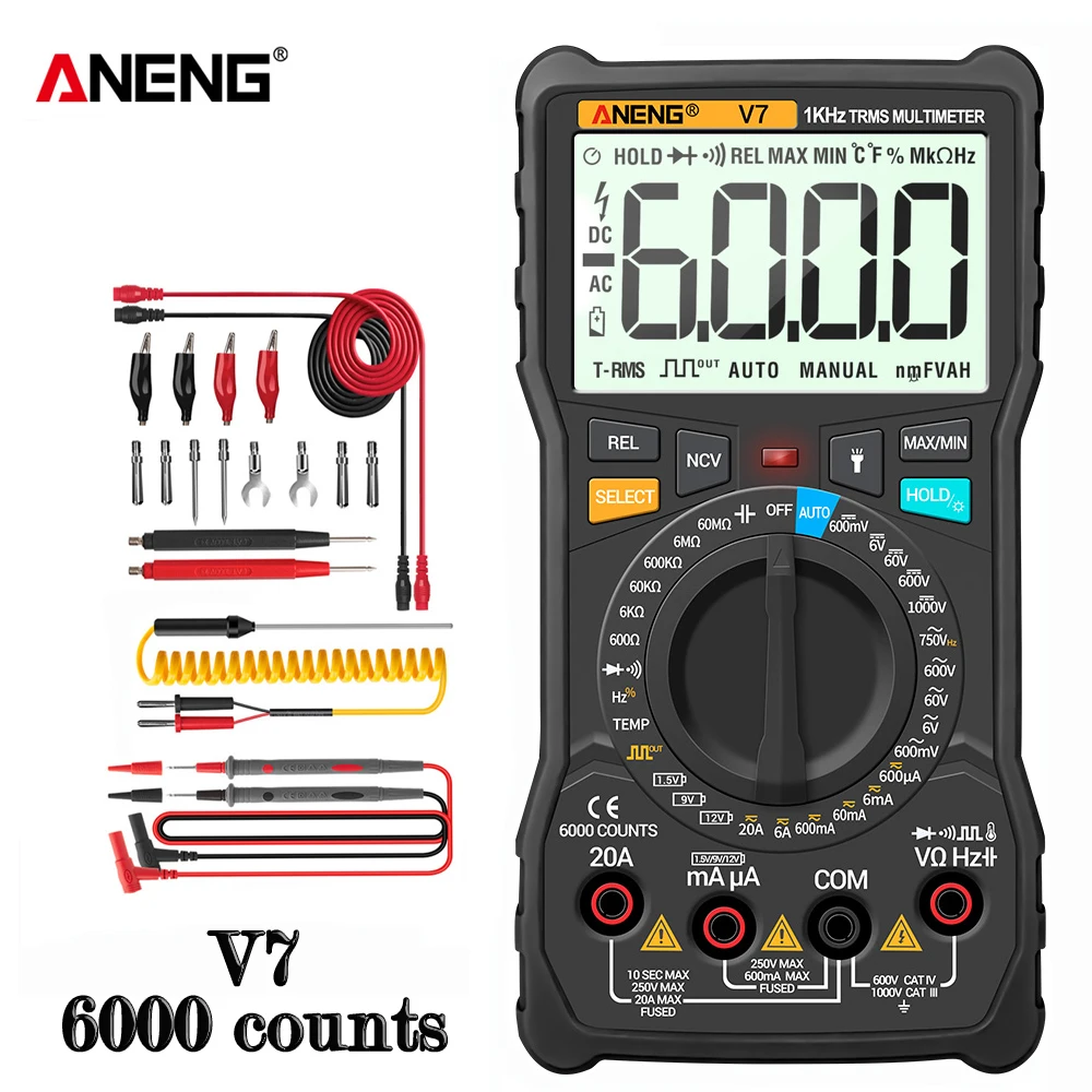 Black V7 Digital Multimeter 6000 Counts Avometer Transistor Capacitor Tester Multimetro Digital Profissional LCR Meter Multimetr Black V7 Digital Multimeter 6000 Counts Avometer Transistor Capacitor Tester Multimetro Digital Profissional LCR Meter Multimetr